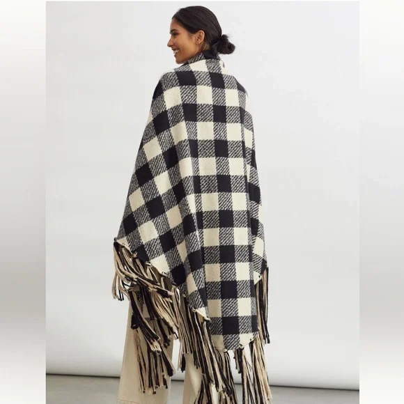 NWT Anthropologie Black and White Plaid Fringe Wrap - Picture 2 of 4